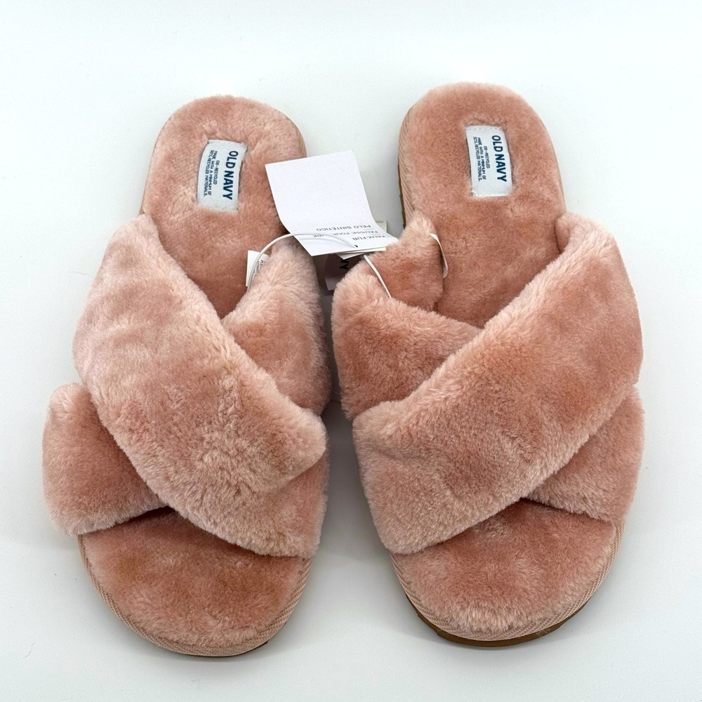 Old Navy Slippers Womens Size 10 Pink Faux Fur Criss Cross Slide House Shoes